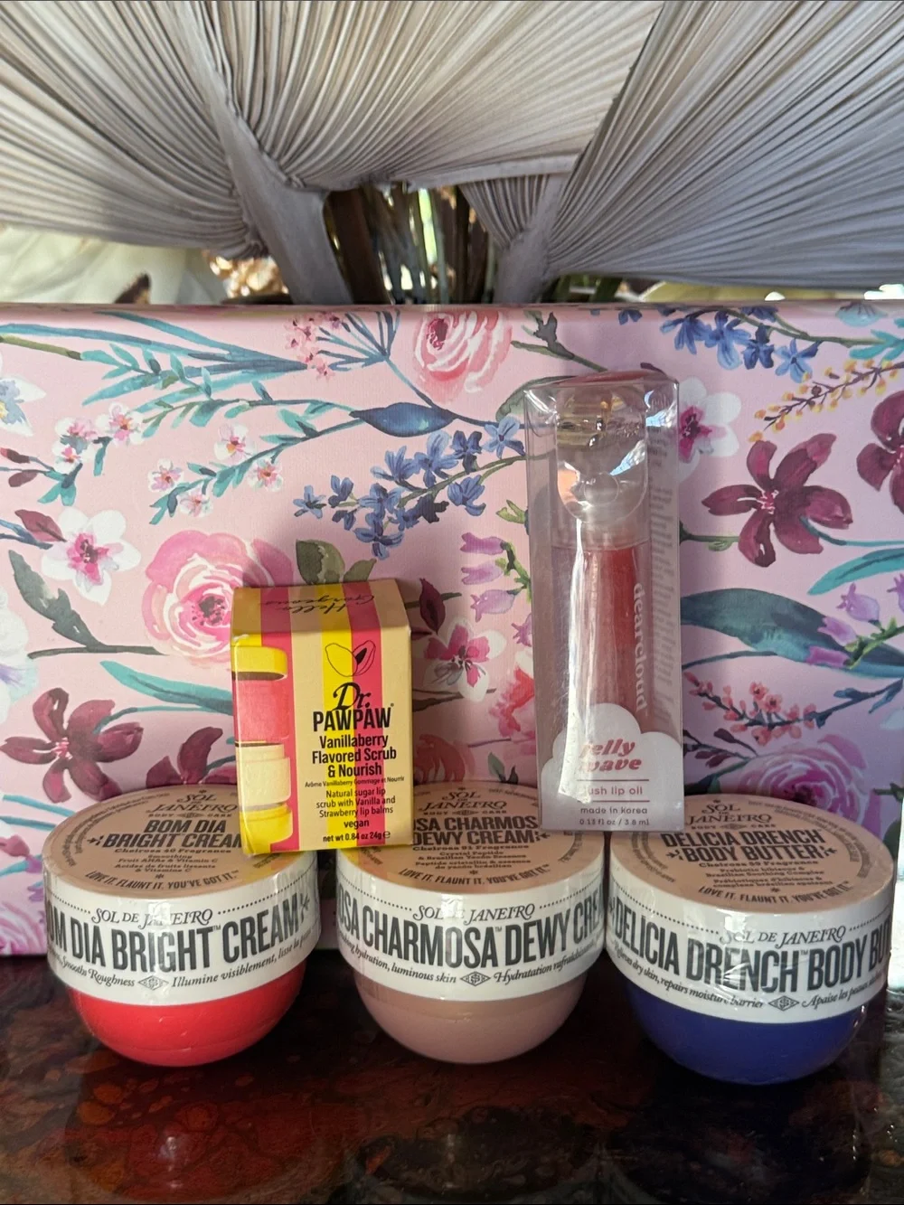 Sol de Janeiro body cream trio with pink lip oil & Paw Paw scrub & Nourish